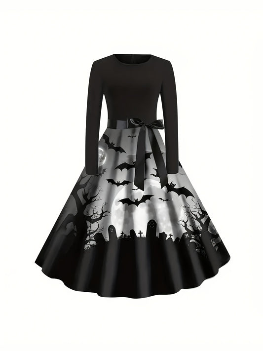 [Halloween, Festive Wear] Women's Vintage Halloween Party Dress - Long Sleeve A-Line Costume with flared Shirt, Machine Washable Non-See-Through Fabric, Elegant Gothic Halloween Outfit for Halloween Parties, Haunted Houses, T