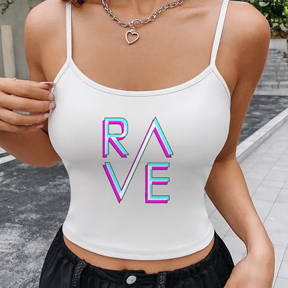 Women'S Sexy Off-Shoulder Polyester Crop Top with "RAVE" Letter Print - White, Strappy Backless Design, Perfect for Summer & Night Out, Crop Top Blouse