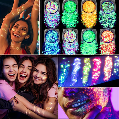 8 Colors Glow-in-the-Dark UV Gel Glitter - Quick Dry, Self-Adhesive Neon Face & Body Paint for St. Patrick's Day, Mardi Gras, Halloween, Raves & Festivals, Vibrant Blacklight Party Makeup Accessories, Festive Face Paint | Glo