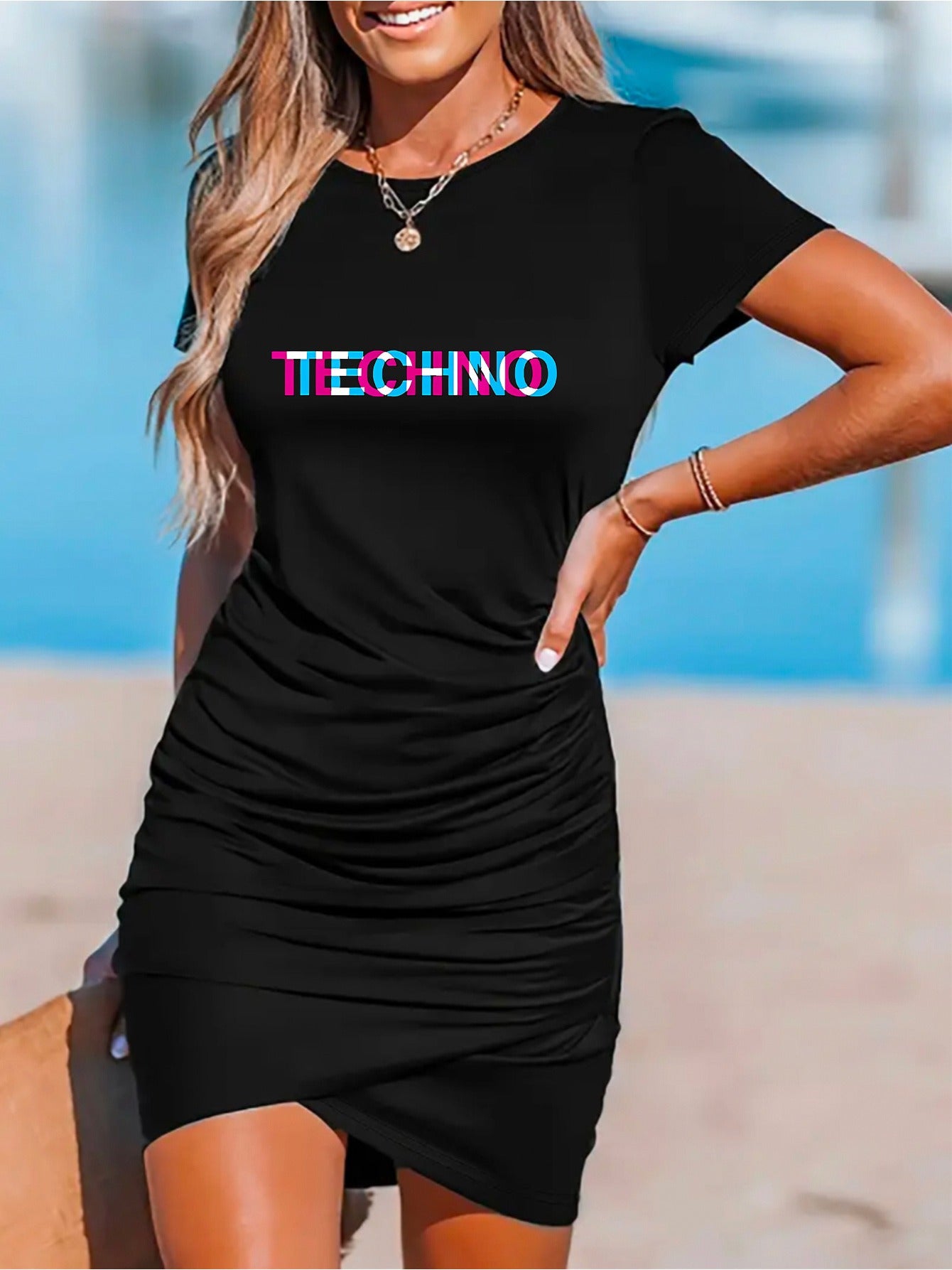 1pc Women'S Elegant "TECHNO" Print T-Shirt Dress - Short Sleeve, Solid Black, Stretchy Polyester, Loose Fit, Machine Washable, Perfect for Spring & Summer Casual Wear, Everyday Elegance | Minimalist Dress | Medium Stretch Com