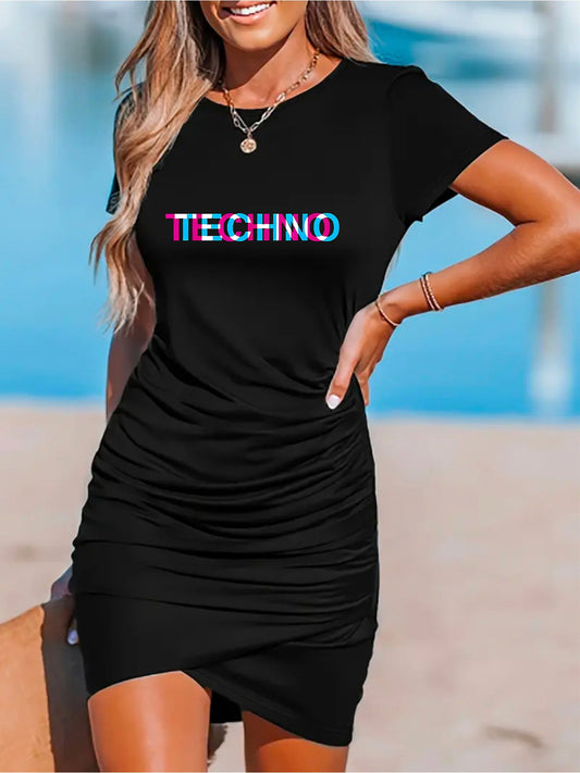 1pc Women'S Elegant "TECHNO" Print T-Shirt Dress - Short Sleeve, Solid Black, Stretchy Polyester, Loose Fit, Machine Washable, Perfect for Spring & Summer Casual Wear, Everyday Elegance | Minimalist Dress | Medium Stretch Com