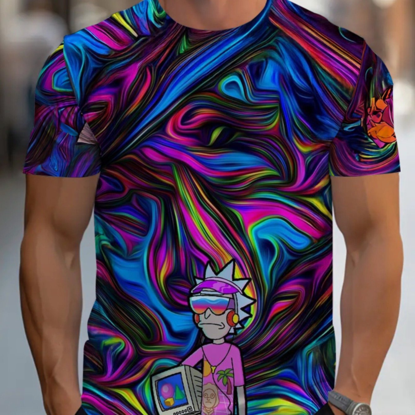 Men's Graphic T-Shirt - Bold Psychedelic Tee with Neon Swirls in Blue, Pink, Purple, Green, Orange, Black - Regular Fit Casual Shirt for Festival Outfits, Casual Attire - Machine Washable Statement Top, Streetwear Style, Geom