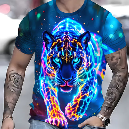 3D Neon Panther Print Men's Polyester T - Shirt, Short Sleeve, Cool Neon Animal Design, High - Quality 3D Printing, Comfortable Polyester, Stylish Casual Apparel, Distinctive Look, Must - Have Men's Fashion, Trendy Choice