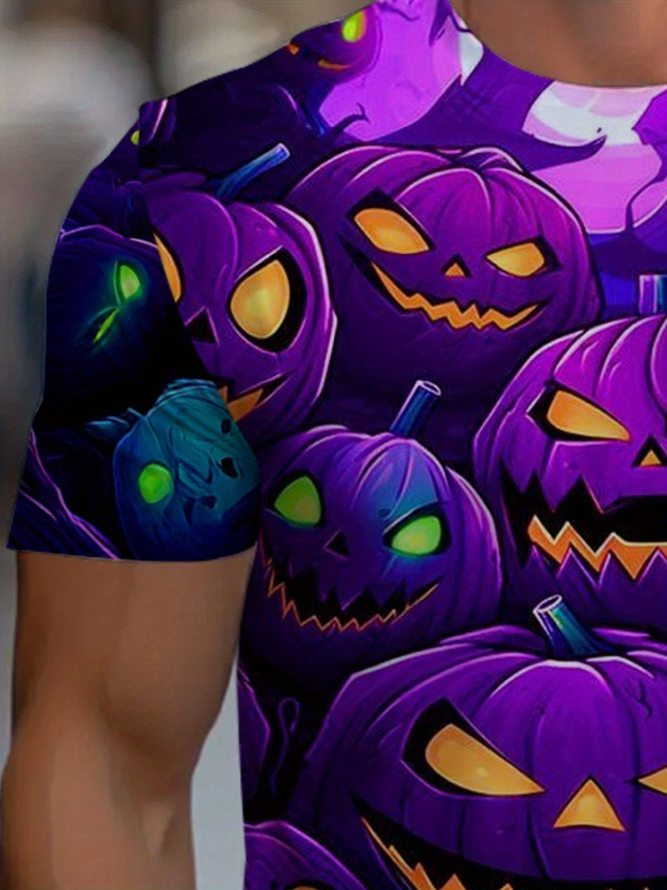 Men'S Halloween T-Shirt - Purple Pumpkin Graphic Tee with Jack-O'-Lanterns, Lightweight Breathable Fabric for Costume Parties, Halloween Bars, Clubs - Spooky Party Outfit Casual Attire - Easy-Care Round Neck Shirt, Halloween