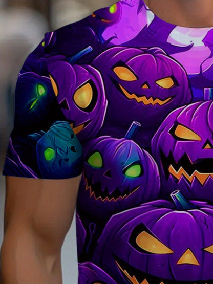 Men'S Halloween T-Shirt - Purple Pumpkin Graphic Tee with Jack-O'-Lanterns, Lightweight Breathable Fabric for Costume Parties, Halloween Bars, Clubs - Spooky Party Outfit Casual Attire - Easy-Care Round Neck Shirt, Halloween