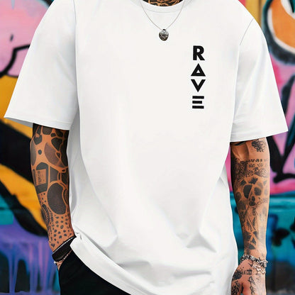 R V Men's Short Sleeve T-Shirt - Vibrant Yellow with Bold RAVE Graphic Print, Breathable Round Neck Casual Top for Summer Beach Resorts & Outdoor Activities