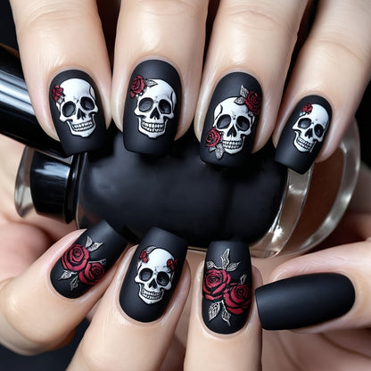 [Halloween Nails] 24pcs Halloween Nails | Black Matte Rose Skull Print Design, Full Coverage Press False Nails for Women's Holiday Party Nail Art Decoration