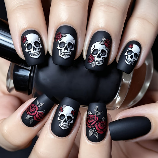 [Halloween Nails] 24pcs Halloween Nails | Black Matte Rose Skull Print Design, Full Coverage Press False Nails for Women's Holiday Party Nail Art Decoration