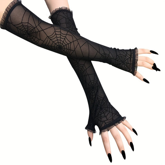 [Gothic Spider Pattern Gloves] Gothic Spider Pattern Translucent Fingerless Gloves for Women Halloween Decorative Y2K Black Lace Gloves