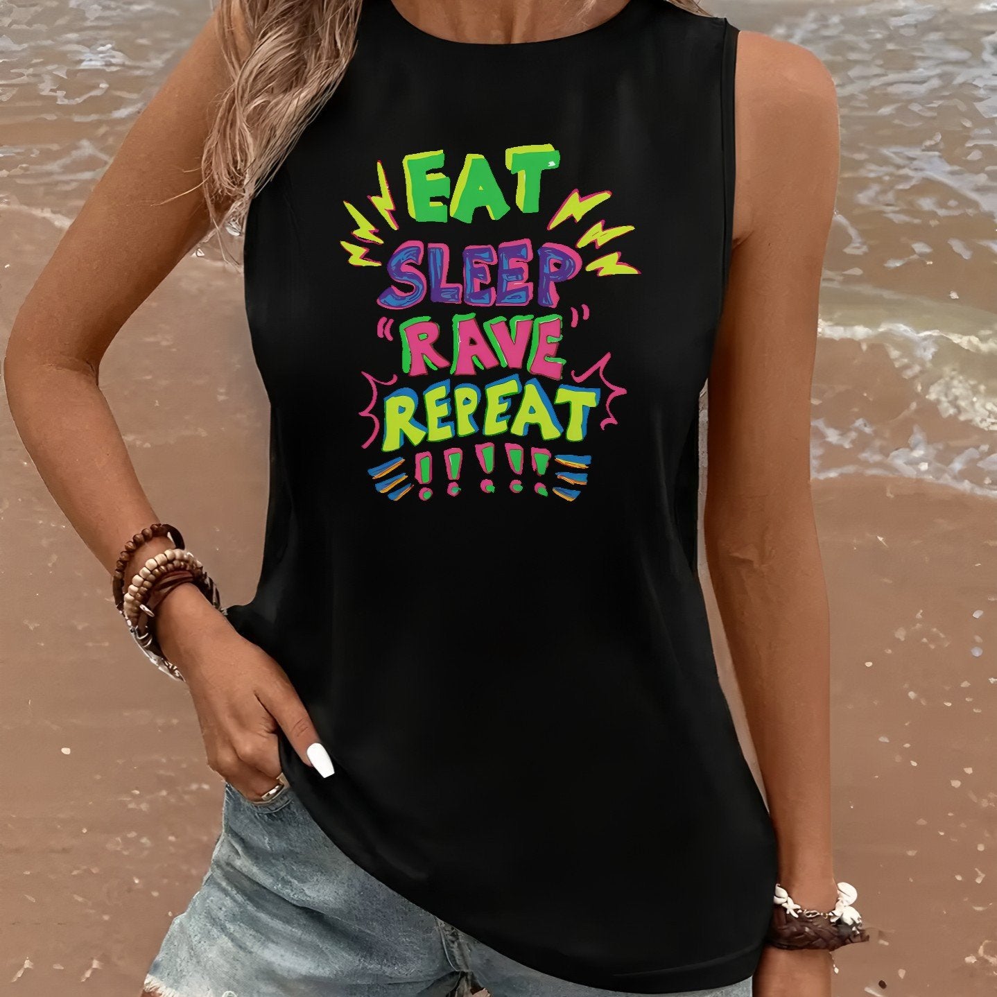 Women's Sleeveless Graphic Tank Top - "EAT SLEEP RAVE REPEAT" Bold Colorful Lettering, Black Casual Summer Beach Vacation Party Wear, Machine Washable, Travel Clothing, Festive Attire, Playful Design, Allseason Wear, Comforta