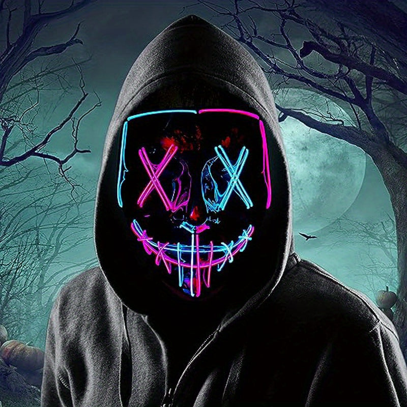 [LED Halloween Mask] 1pc LED Halloween Mask - Motion Sensor, Neon Glow, Sound-Activated Lighting, PVC Horror Face Mask for Adults/Teens, Compatible with Halloween, Haunted Houses, Clubs, Festive Celebration, Glowing Effect, H