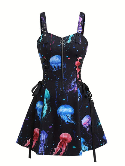 1pc Women'S Casual Jellyfish Print Spaghetti Strap Dress, Polyester Woven Fabric, with Zipper Detail, for All-Season Shoulder Strap Sundress