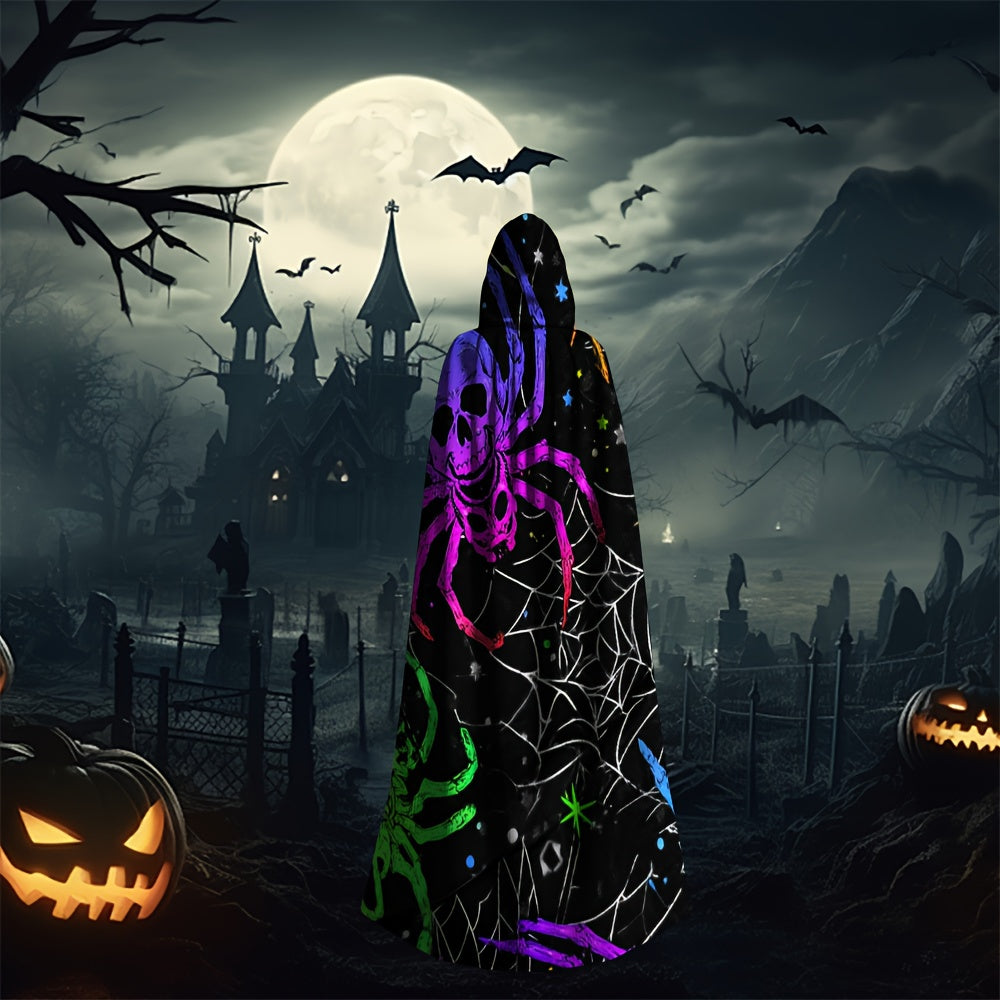 1pc Neon Glow-in-the-Dark Spider Print Witch's Robe - Norse Mythology Costume with Neon Web Design, Unisex Adult Hooded Cloak for Halloween Cosplay, Themed Parties & Costume Events (Hand Wash Only) - Multicolor Neon Colors (G