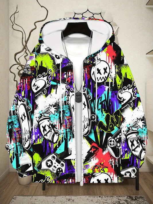Men's Full-Zip Hoodie - Lightweight Graffiti Jacket with Neon Street Art, Game Controller Graphic Pockets - Zippered Hooded Sweatshirt for Urban Streetwear, Gaming & Casual Outfits - Machine Washable Polyester Outerwear, Dura
