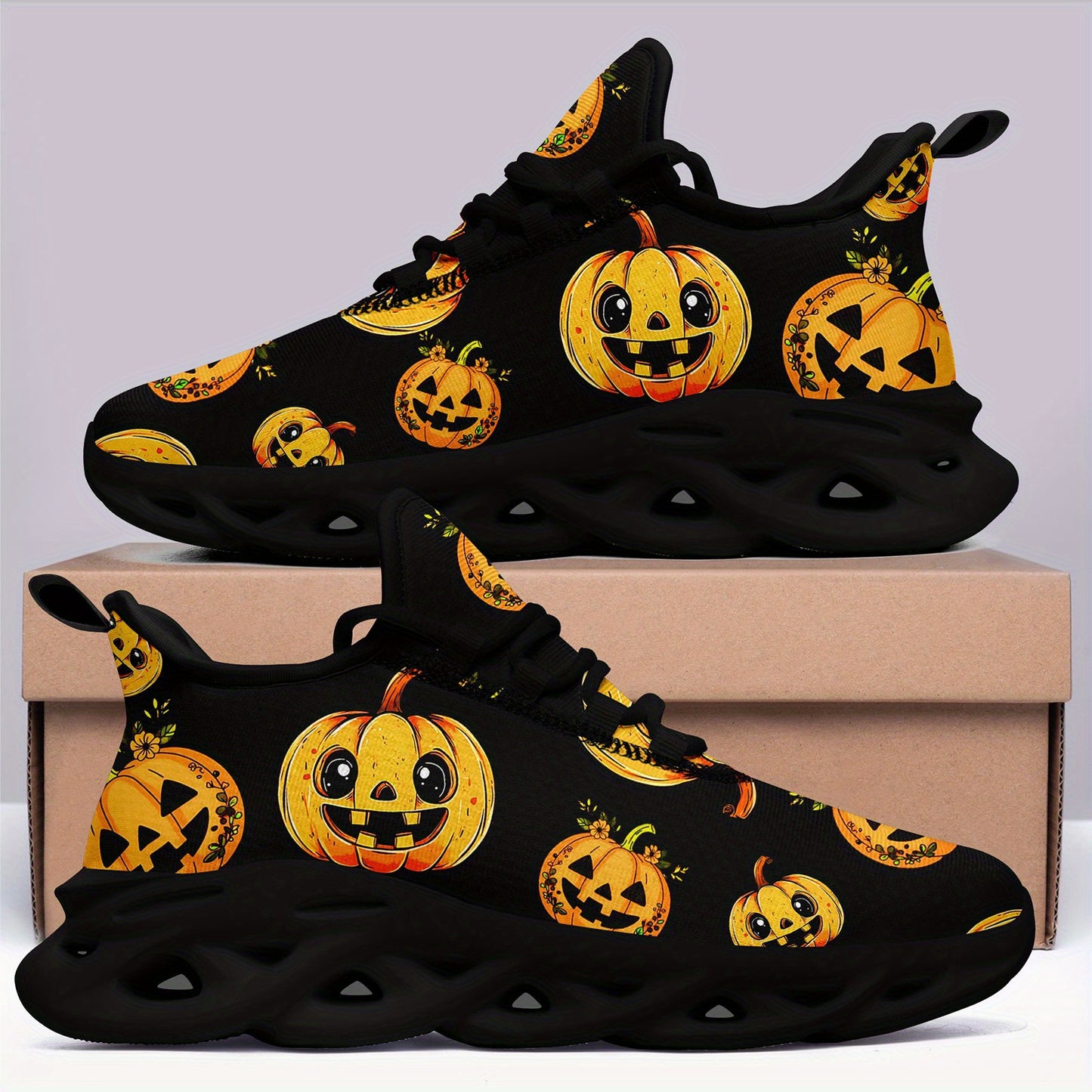 Men'S Halloween Pumpkin Print Casual Sneakers - White Low-Top Lace-Up Trainers with Orange & Black Jack-O'-Lantern Design, Comfortable EVA Sole for Daily Wear & Halloween, PLUS SIZE, Halloween Shoes, Trendy Streetwear, Durabl