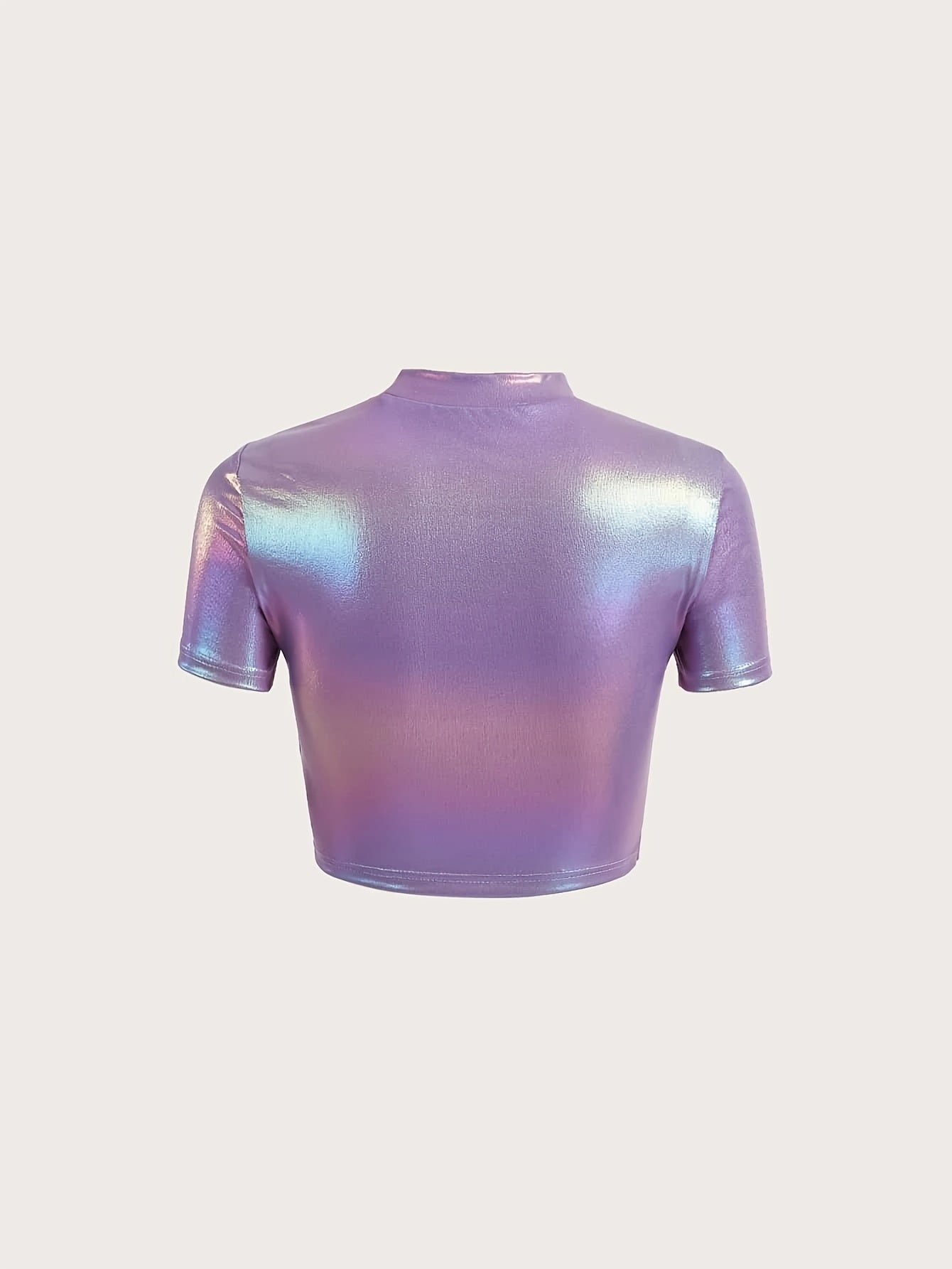HG Women's Sexy Slim Fit Round Neck Short Sleeve T-Shirt - Hollow-Out Design, Shimmering Purple-Pink-Purple Gradient, Medium Stretch Fabric, All-Season Versatile Top, Evening Wear, Elegant Style, Glossy Finish, Casual Top, Br