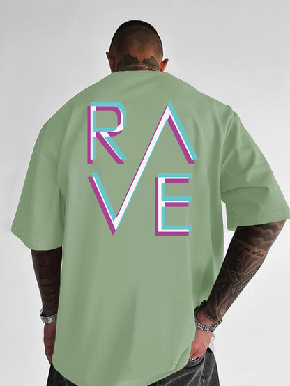 Men'S Casual Loose Fit Crew Neck T-Shirt with "RAVE" Graphic Print - Vibrant Neon Letter Design, Short Sleeve, Summer Essentials, Perfect Gift for Music Lovers, Everyday Tshirt | Vibrant Graphic Tee | Comfortable Fit, PLUS SI