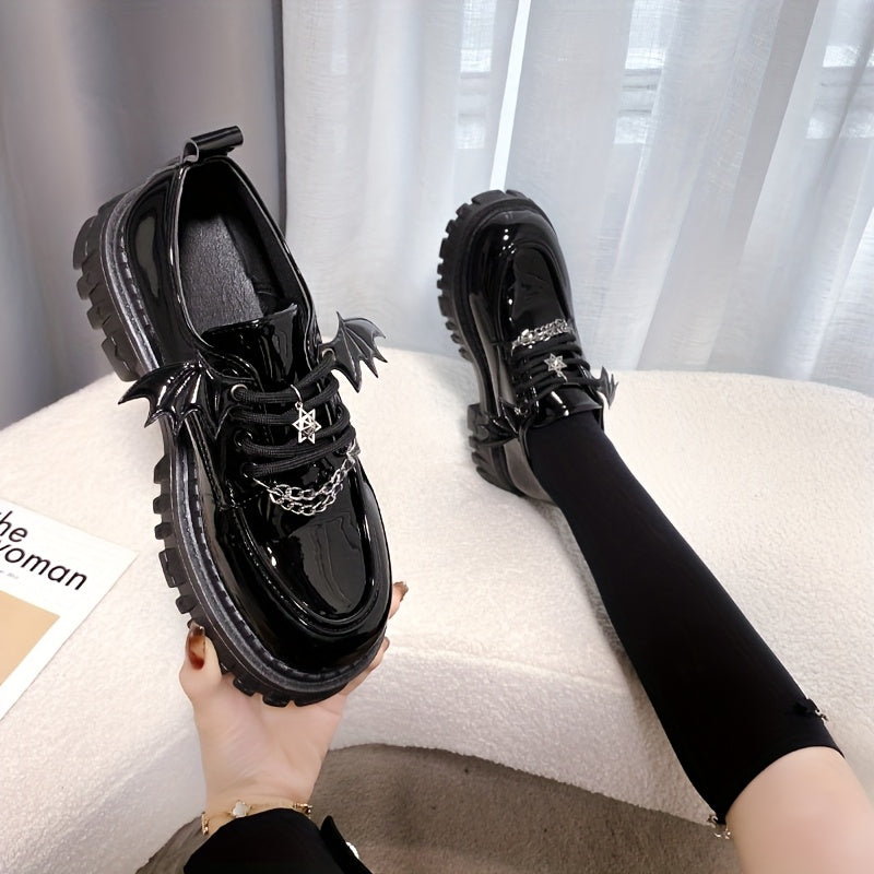 [Goth Bat Wing Flats] Goth Bat Wing Design Women's Stylish Black Lace-Up Flats | Silvery Star Charms & Chain Detail, Thick Rubber Sole, All-Season Comfort, Sweet & Edgy Fashion Statement