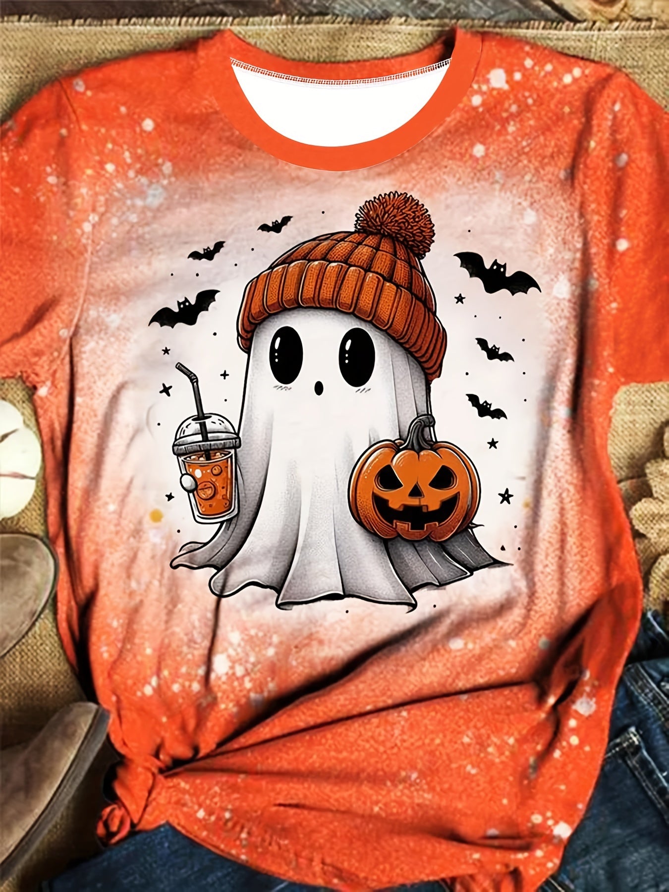 Women'S Halloween T-Shirt - Cute Ghost with Pumpkin & Bat Design, Casual Loose Fit Short Sleeve Round Neck Top, Machine Washable for Spring Summer Daily Wear & Halloween Parties, Halloween Clothes, Festive Party Attire, Playf