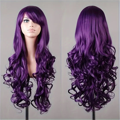 Luxurious Purple Long Wavy Halloween Wig for Women - Heat Resistant Synthetic Hair with Bangs, Adjustable Cap, Perfect for All Ethnicities