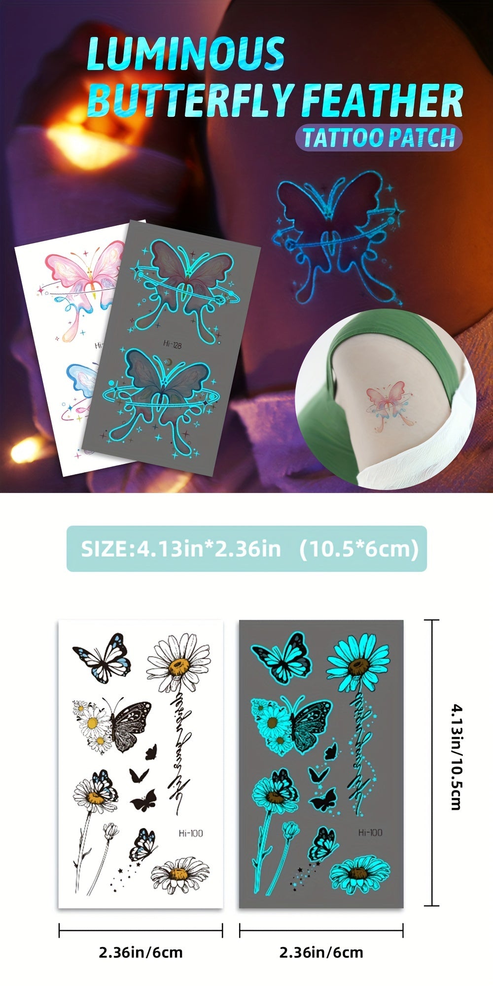 12 Sheets Luminous Glow in the Dark Temporary Tattoos - Waterproof Fake Tattoo Stickers with Butterfly & Floral Designs, Neon Blue Glow for Nightclub, Festival, Party Decoration, Festival Body Art | Mystical Design Elements |