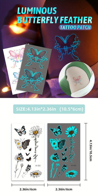 12 Sheets Luminous Glow in the Dark Temporary Tattoos - Waterproof Fake Tattoo Stickers with Butterfly & Floral Designs, Neon Blue Glow for Nightclub, Festival, Party Decoration, Festival Body Art | Mystical Design Elements |