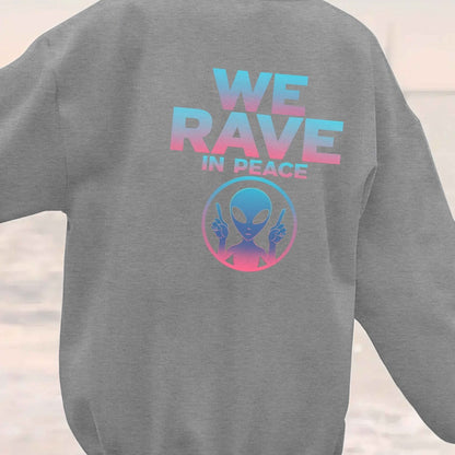 Women'S Casual Crew Neck Long Sleeve Sweatshirt, Polyester 100% Knit Fabric, Geometric Alien "WE RAVE in PEACE" Graphic, Fall/Winter Regular Length