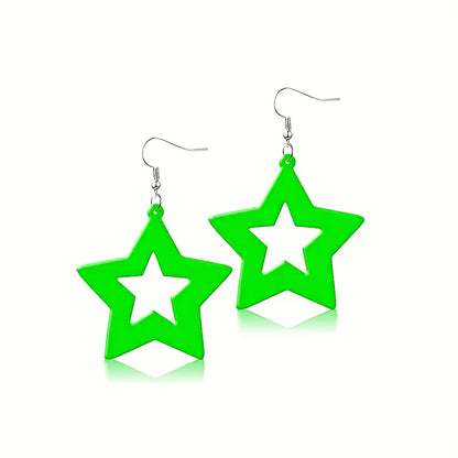 1/4 pair of neon star earrings made of acrylic material, with bright pink, orange, yellow, and green colors as perfect party gifts to express your sincere emotions. Party earrings with bright colors, hanging earrings design,