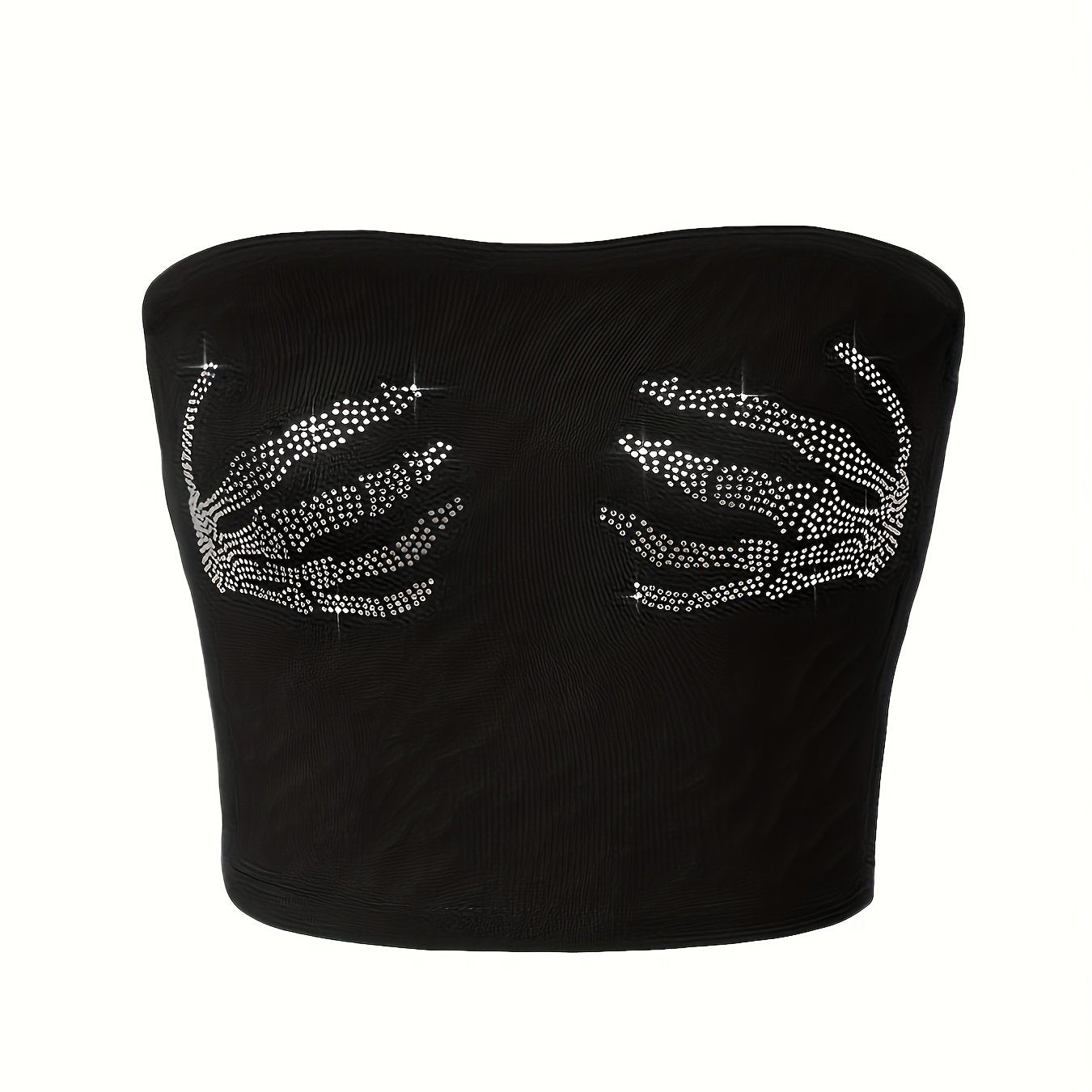 [1pc Sexy Crop Top] Sexy Strapless 1pc Women's Rhinestone Skeleton Hand Print Crop Top | Knitted Tube Shirt, All-Season Wear