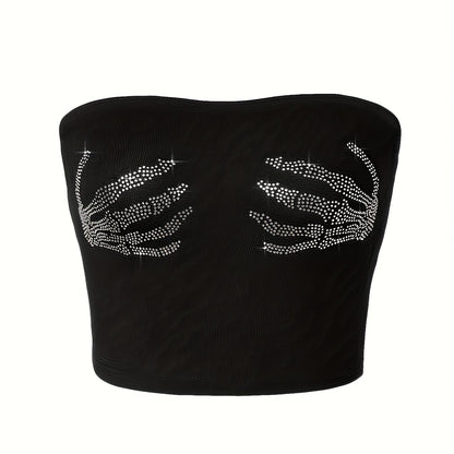 [1pc Sexy Crop Top] Sexy Strapless 1pc Women's Rhinestone Skeleton Hand Print Crop Top | Knitted Tube Shirt, All-Season Wear