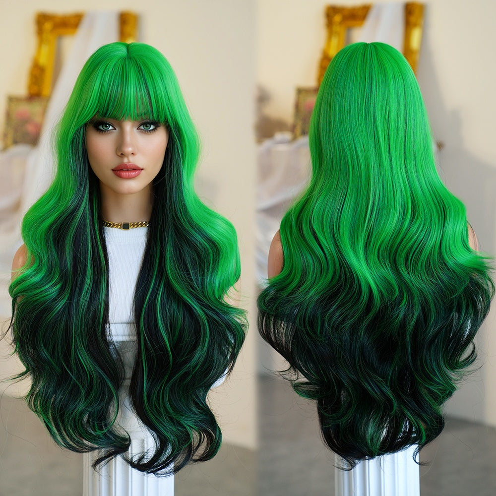 [Halloween Dress Up Wigs] Long Loose Curly Ombre Green Wigs with Bangs | High Density Fluffy Highlight Black Halloween Dress Up Wigs for Women - 30 Inches, Cosplay Accessory, Party Wig, Bangs Wig, Ombre Hairstyle, Durable, Li