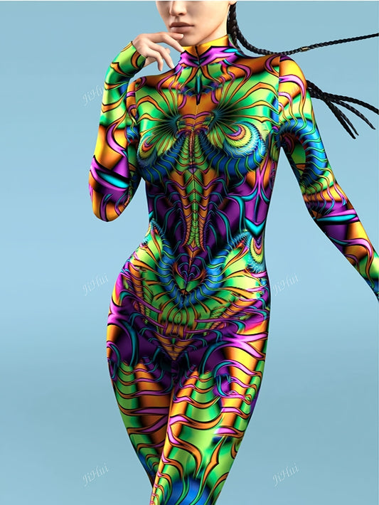 New European and American Style Women's Sexy Bodysuit with Floral Print, Long Sleeve Fabric for Performance Festivals - Wild Edition