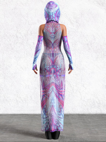 Women'S Cosmic Starry Pattern Futuristic Superhero Costume Dress - Sleeveless Bodycon with Hooded Neck, Geometric Design for Halloween, Cosplay, Themed Parties & Year-Round Fashion
