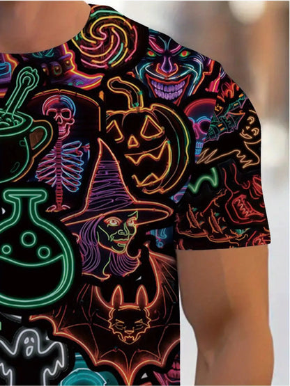 Men's Neon Glow-in-the-Dark Halloween Party T-Shirt - Spooky Ghosts, Bats, Pumpkins & Witches Hats Design - Durable Round Neck Tee for Bars, Clubs & Costume Events - Machine Washable Casual Festive Outfit, Bar And Wear, Holid
