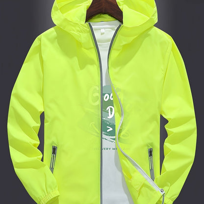 Men's Zip-Up Hooded Jacket - Breathable Reflective Outerwear for Gym, Cycling, Hiking & Beach Use - Lightweight Spring/Summer/Autumn Outdoor Wear with Zippered Storage Design. High-Quality Unisex Hoodie Perfect for Water Spor