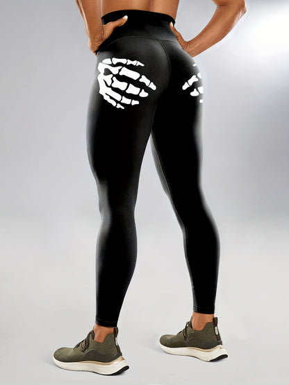 Halloween Fluorescent Skeleton Hands Printed Sports Yoga Leggings, High Waist Workout Running Sports Tight Pants, Women's Activewear Carnaval for carnival & Music Festival