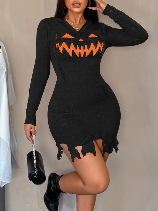 Women's Solid Color Hooded Halloween Dress - Distressed Pumpkin Face Design, Bodycon X-Silhouette, Machine Washable, Vibrant Orange for Halloween Parties & Casual Wear, Halloween Costumes, Festive Attire, Festive Design, Easy