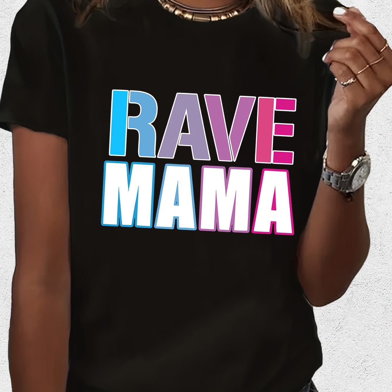 Women'S "Rave Mama" Graphic Tee - Black Casual Summer T-Shirt with Colorful Lettering, Short Sleeve, Round Neck, Lightweight Polyester Blend, Perfect for Festivals & Casual Attire, Festival Clothing | Playful Design | Comfort