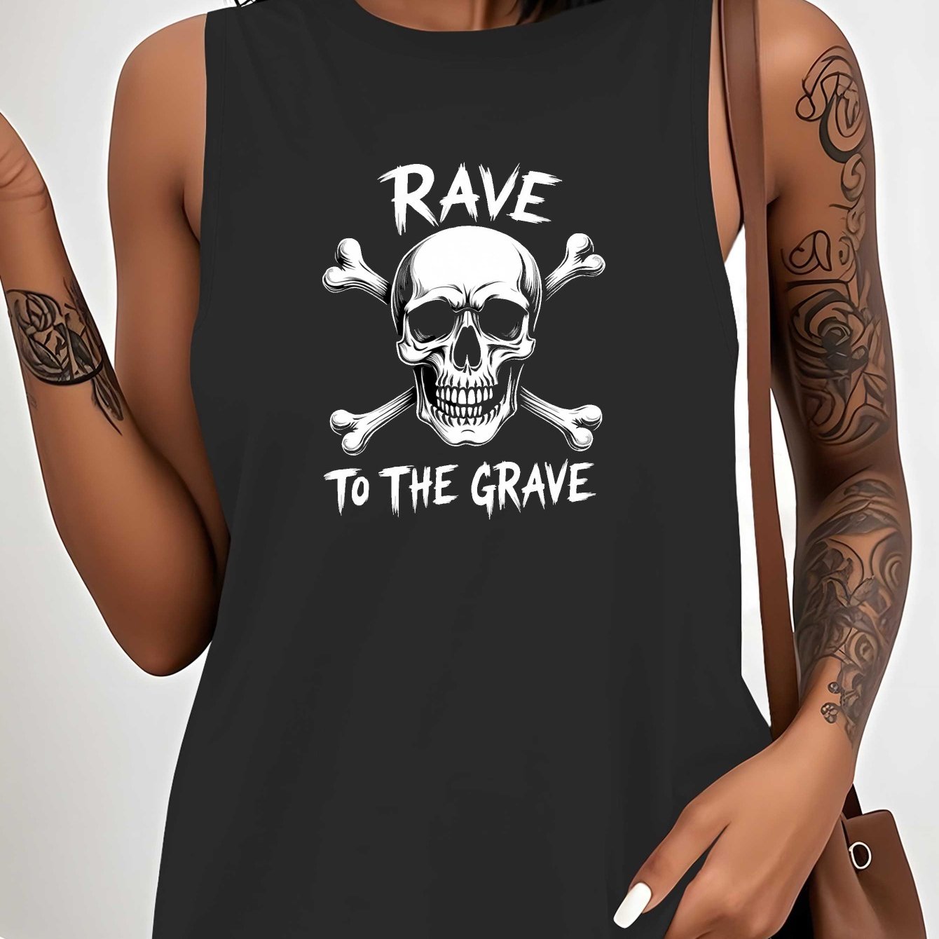 Rave to The Grave Skull & Crossbones Graphic Women's Sleeveless Vest - Edgy Casual Round Neck Top, Machine Washable All-Season Wear for Parties & Everyday Outfits, Party Apparel, Bold Pattern, Edgy Fashion, Bold Print Quality