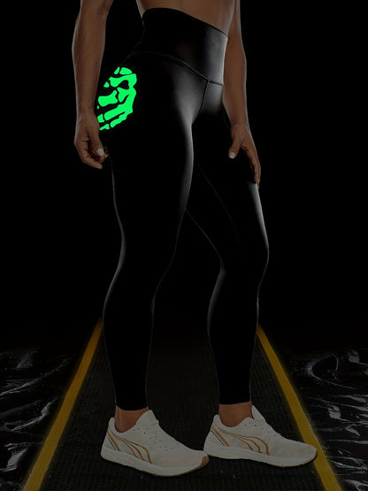 Halloween Fluorescent Skeleton Hands Printed Sports Yoga Leggings, High Waist Workout Running Sports Tight Pants, Women's Activewear Carnaval for carnival & Music Festival