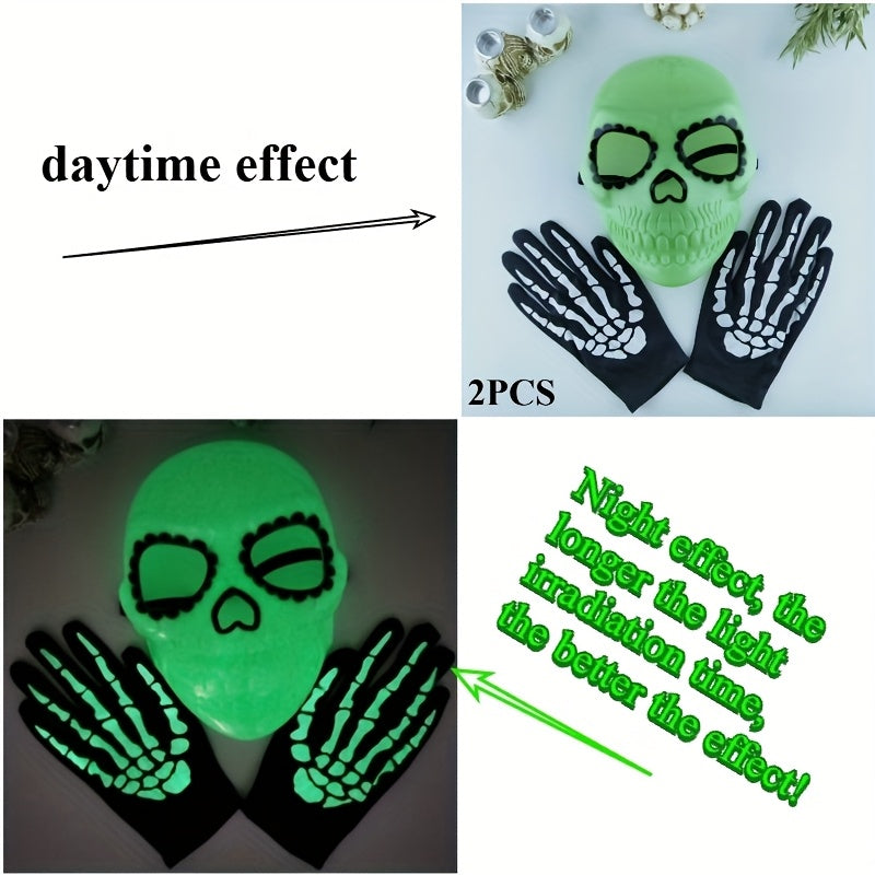 2pcs Glow-in-the-Dark Green Skull Series Luminous Mask & Gloves - Halloween Costume Party Accessory, Fashionable Plastic Makeup Masks for Nighttime Festivities, Halloween Costumes, Glowing Mask, Glowindark Feature