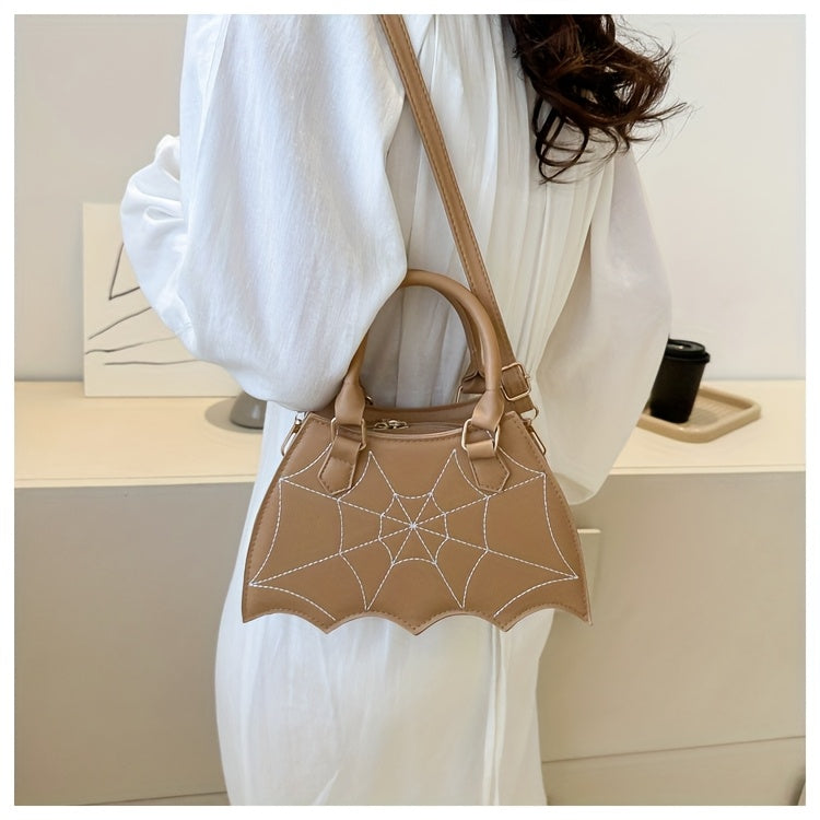 Halloween Women'S Bat Wing Spider Web Handbag - Lightweight Synthetic Faux Leather Tote with Geometric Spider Web Design, Zipper Closure & Detachable Strap, Gothic Style for Daily Use or Party Outfits, Durable Polyester Linin