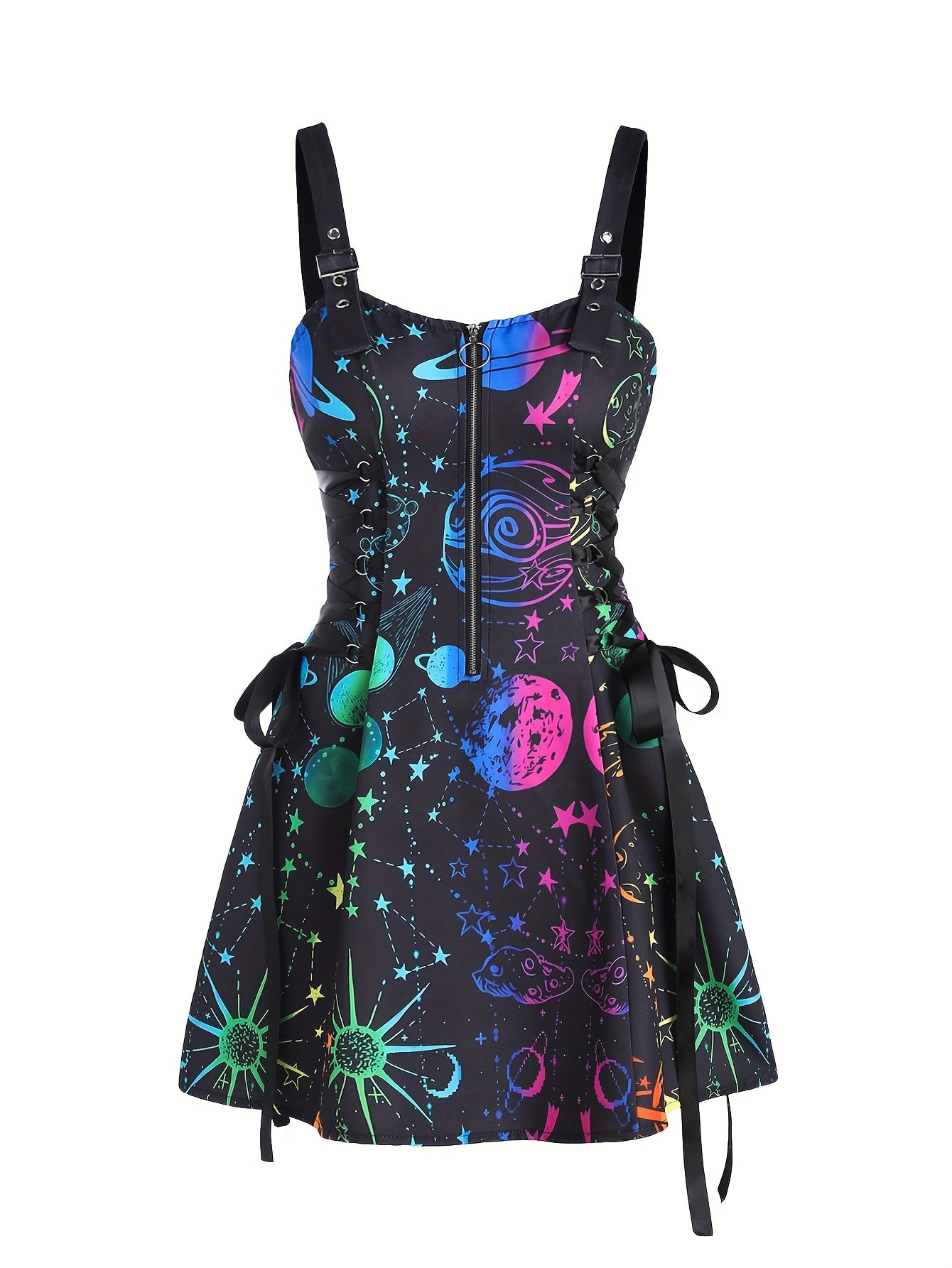 Women's Galaxy Print Sleeveless Dress with Adjustable Straps & Zipper Detail - Vibrant Starry Sky Design, Polyester Fabric, Machine Washable, Casual Style for All Seasons, Galaxy Dress