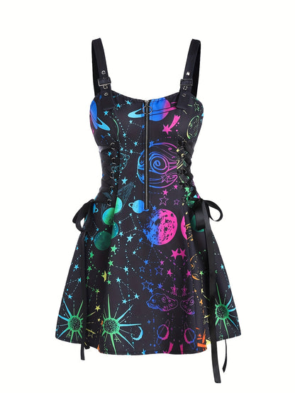Women's Galaxy Print Sleeveless Dress with Adjustable Straps & Zipper Detail - Vibrant Starry Sky Design, Polyester Fabric, Machine Washable, Casual Style for All Seasons, Galaxy Dress