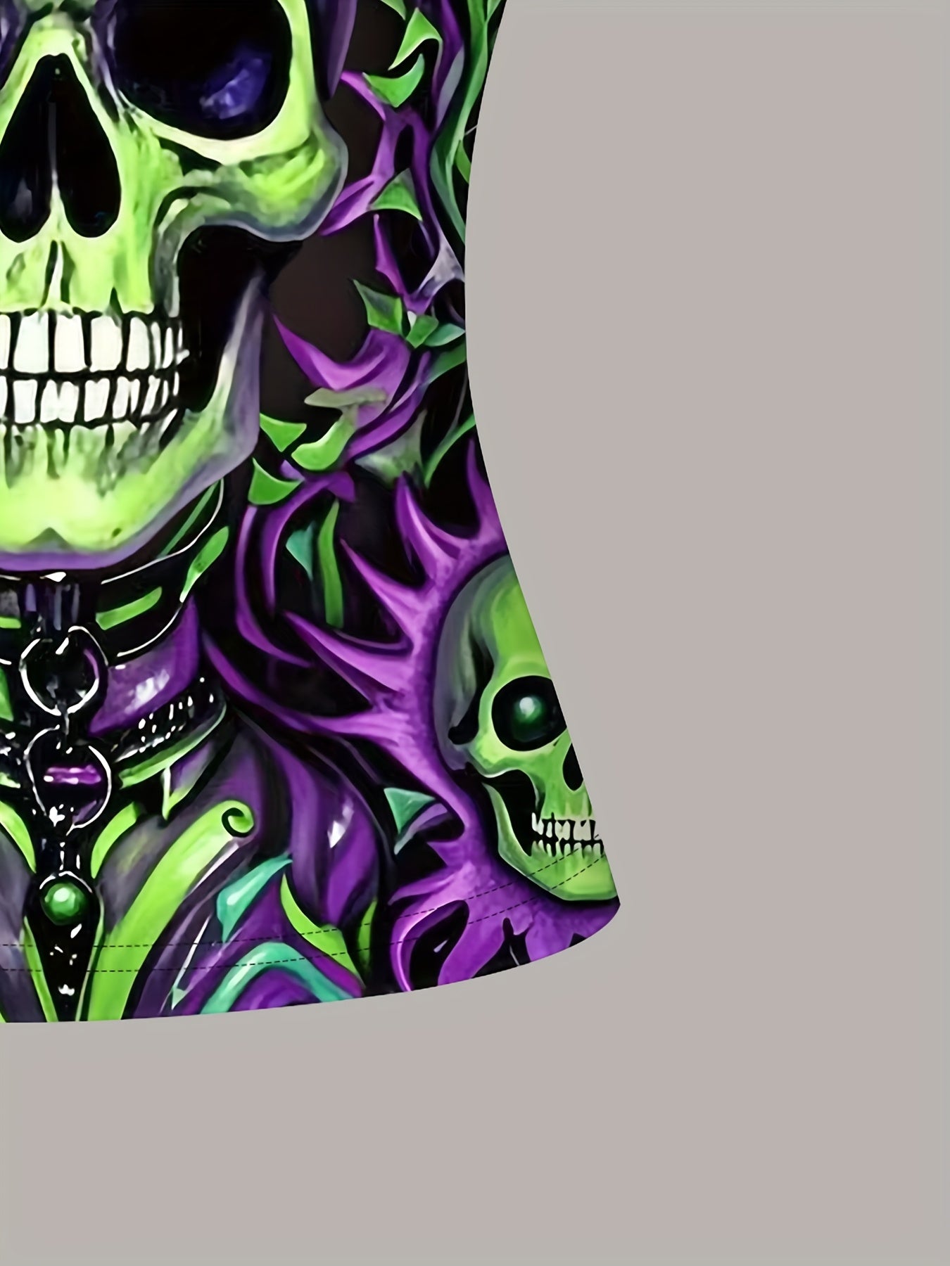 Women's Gothic Skull Print Cami Top - Vibrant Neon Green & Purple Design, Sleeveless Spaghetti Strap, Machine Washable, Edgy Summer Fashion for Bold Style, Trendy Casual Wear, Mysterious Aesthetic, Nontransparent Fabric