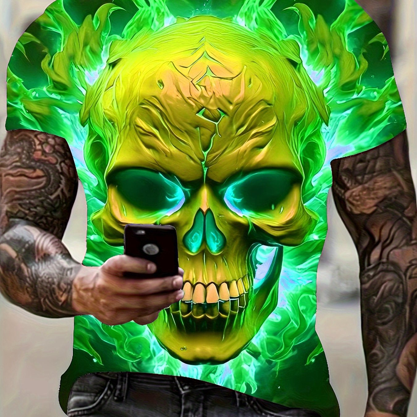Men'S Plus Size 3D Skull & Flames Graphic T-Shirt - Bold Neon Green & Blue Casual Short Sleeve Tee with Digital Print, Round Neck Regular Fit Summer Top for Edgy Streetwear & Casual Attire, Skull T Shirt, Comfortable Fit, Str