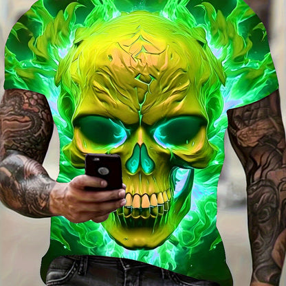 Men'S Plus Size 3D Skull & Flames Graphic T-Shirt - Bold Neon Green & Blue Casual Short Sleeve Tee with Digital Print, Round Neck Regular Fit Summer Top for Edgy Streetwear & Casual Attire, Skull T Shirt, Comfortable Fit, Str