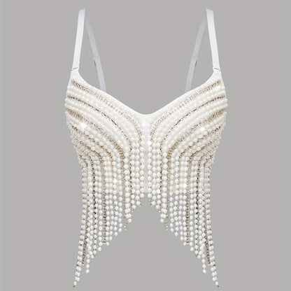 Sexy Fishbone Corset Top with Pearl Embellishments & Tassel Details - Vibrant Pink Stretchy Spaghetti Strap Bustier for Nightclub, Concert, Festival - Versatile All-Season Women's Fashion, Concert Attire, Elegant Style, Styli