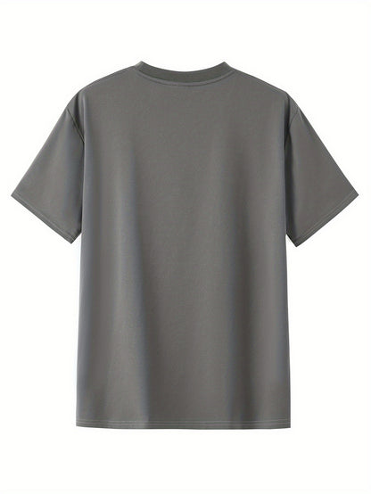 Men's Casual Summer T-Shirt - Soft Breathable Fabric with Bold "Techno" Letter Print & Orange Accent, Ribbed Collar, Regular Fit for Casual Attire, Summer T Shirts, Classic Round Neckline, Comfortable Tee Construction