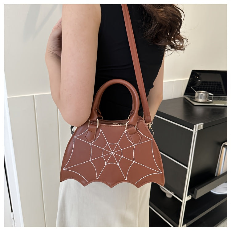 Halloween Women'S Bat Wing Spider Web Handbag - Lightweight Synthetic Faux Leather Tote with Geometric Spider Web Design, Zipper Closure & Detachable Strap, Gothic Style for Daily Use or Party Outfits, Durable Polyester Linin